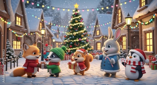 Cute cartoon animals celebrating christmas in a snowy village