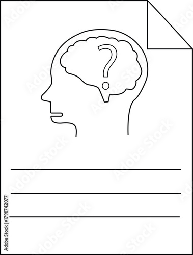 An illustration of a human head silhouette with a brain question mark turned page and horizontal lines