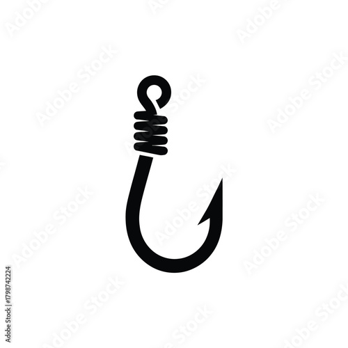 Simple black silhouette of a fishing hook with wrapped line