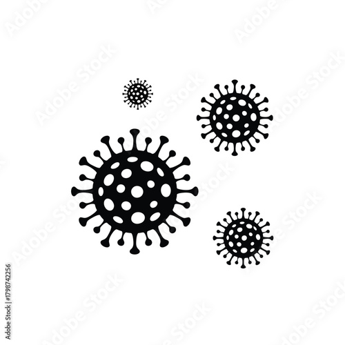 Black and white illustration of coronavirus particles on a white background