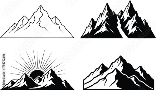 Mountain Range Silhouettes and Sunrise Landscape Icons