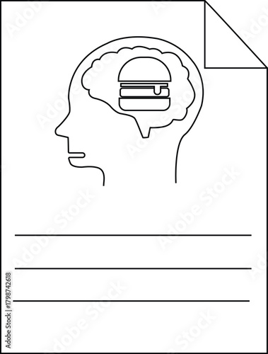 Drawing of a head with a hamburger in its brain atop lined paper with folded corner