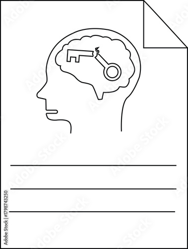 Illustration head profile with a brain containing a broken key on paper with lines