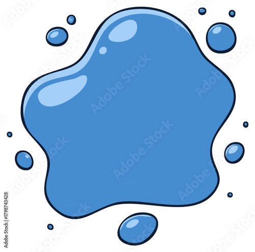 Blue Water Blob with Droplets Cartoon Graphic Liquid Form Splash Abstract Shape Illustration Clip Art