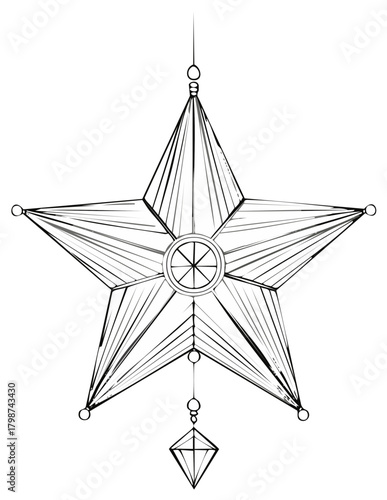 Elegant geometric star ornament line art illustration with dangling diamond shape
