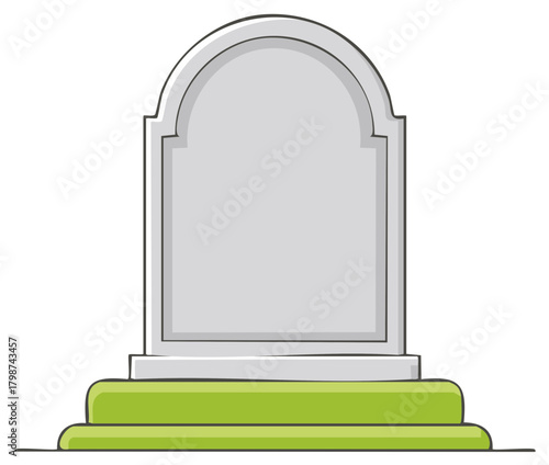 Cartoon image of a tombstone with a grass base in a cemetery grave with a fresh stone headstone