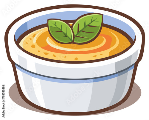 Cartoon illustration of a bowl of creamy vegetable soup or dip with a fresh basil garnish