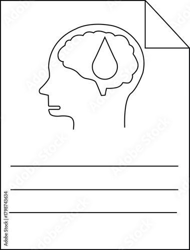 Line drawing brain silhouette with water droplet inside page corner folded lines below for text