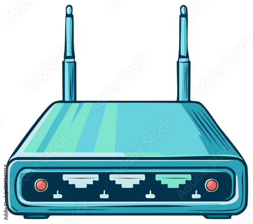 Vivid cartoon illustration of a blue Wi-Fi router with dual antennas for wireless internet connectivity.