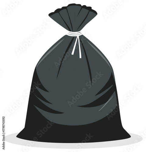 Full black plastic garbage bag tied at the top vector illustration