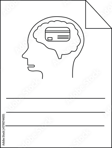 Outline of a persons head with a credit card inside the brain three horizontal lines and a folded page corner
