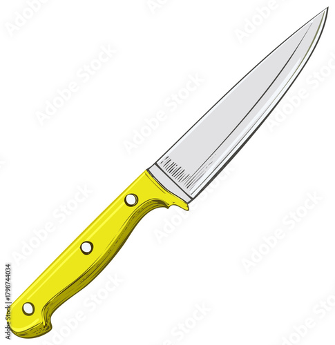 Sharp kitchen knife illustration showcases vibrant yellow handle and stainless steel blade used for food prep and culinary tasks
