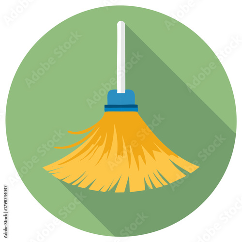 Flat design illustration of a yellow mop with a long handle on a green circular background