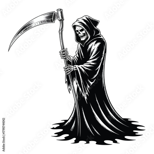 Grim reaper with scythe in dark robes illustration