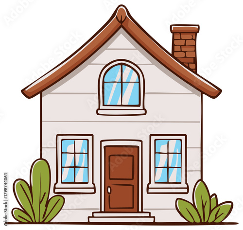 Cartoon Home with Brown Roof Chimney and Lush Green Bushes Illustration Style