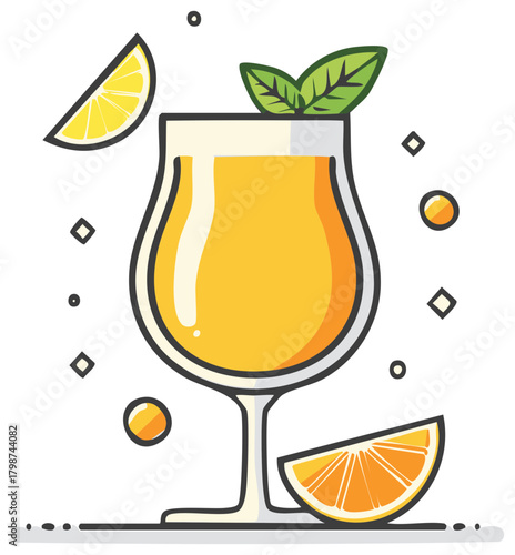 Illustrated glass of fresh orange juice with citrus wedges and mint garnish