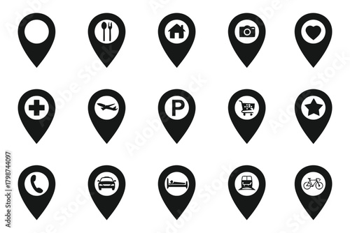 map pin, location marker, navigation, destination, symbol, icon, set, collection, pin, pointer, place, travel, business, restaurant, home, camera, heart, medical, airplane, parking, shopping, star, ph