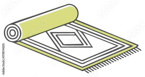 Traditional Prayer Mat Partially Unrolled with Geometric Pattern and Green Detail Illustration