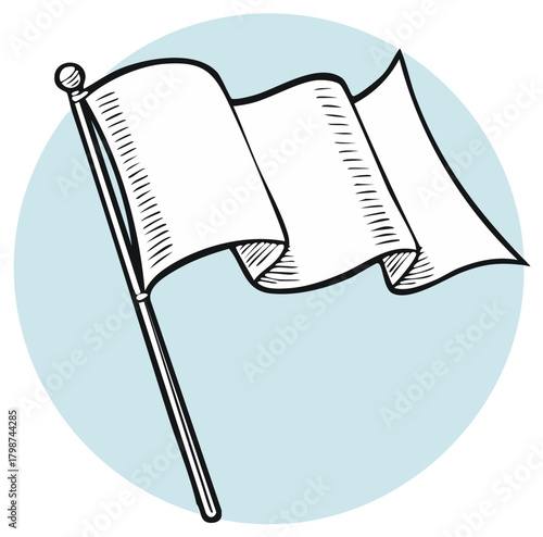 Blank white flag waving gracefully, awaiting your message, in a hand-drawn, stylized illustration on light blue background.
