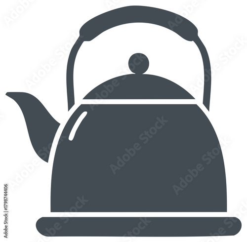 Dark gray icon of a classic stovetop tea kettle with a rounded body and handle