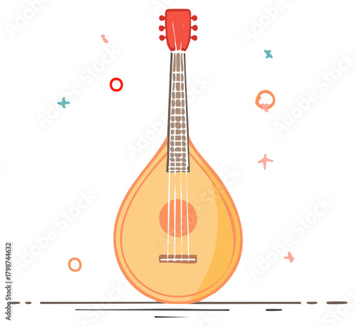 Vibrant mandolin musical instrument illustration in a flat vector art style with decorative elements
