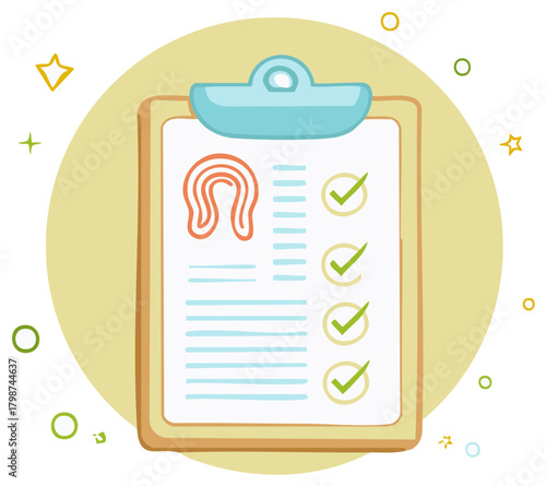 Dental Checkup Illustration: Clipboard with Teeth, Checkmarks and Cute Doodles