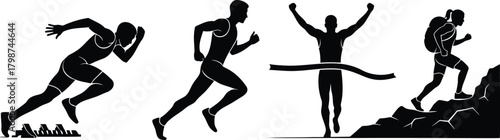 Athlete Runner Silhouette Set Sprinting Running Winning and Hiking