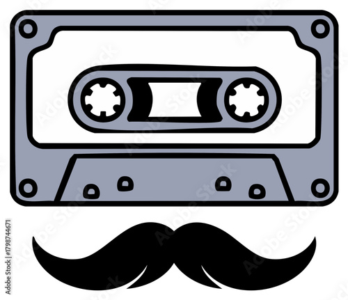 Retro audio cassette tape with a stylish black handlebar mustache illustration