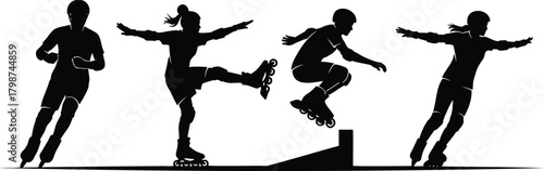 Roller Skating Silhouette Set Performing Tricks Jumping and Speed Skating