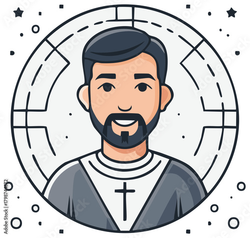 Stylized Cartoon Portrait of a Clergyman Priest in Christian Religious Garb with Geometric Circle Design