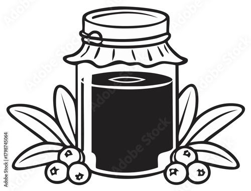 Glass jar filled with dark berries and surrounded by berry branches and leaves icon