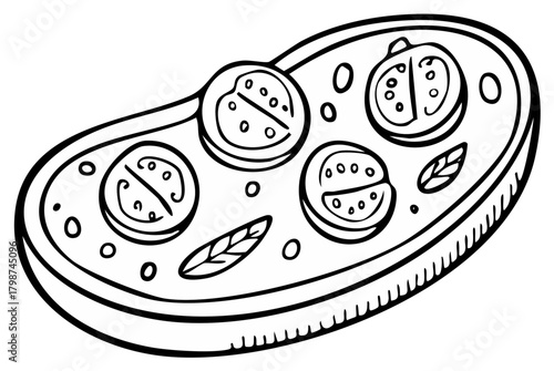 Black and white line drawing of Italian bruschetta with sliced tomato and basil for coloring