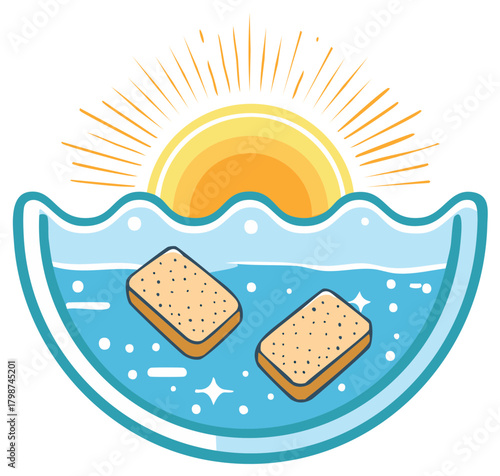 Cartoon style illustration of sponges floating in water under the sun