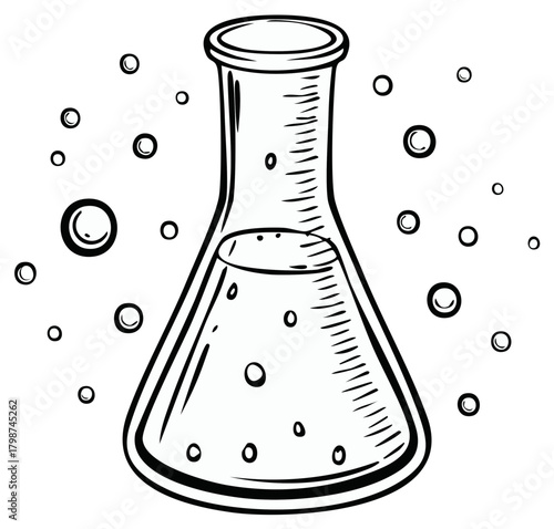 Erlenmeyer flask vector illustration with bubbling liquid inside and bubbles around it. Science equipment for chemical experiment.