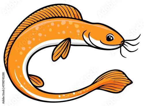 Orange cartoon fish with whiskers, spots, and fins, isolated on white background