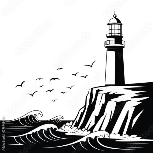 Black and white illustration of a lighthouse on a cliff with seagulls and waves