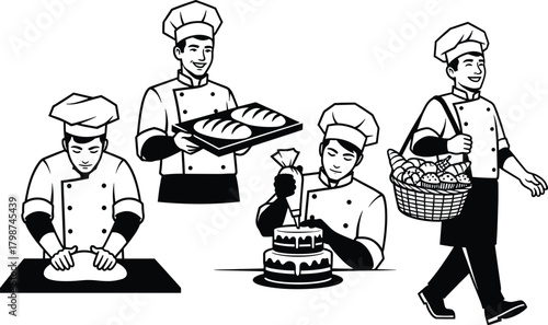 Bakery chef illustration set kneading dough, carrying bread and decorating cake