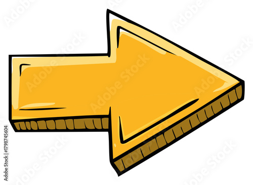 Bold 3D cartoon style yellow arrow pointing to the right. A hand drawn graphic for direction and navigation.