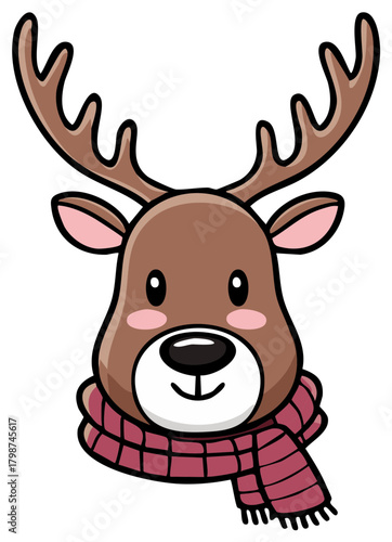 Cute cartoon reindeer with antlers wearing a festive scarf smiles warmly