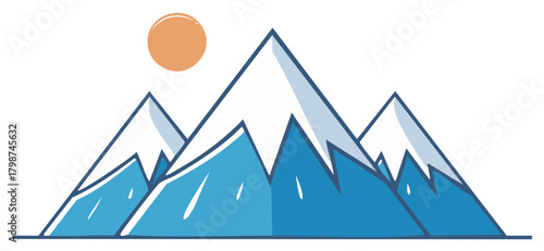 Stylized mountain landscape with snowy peaks and a bright sun, illustration on white background