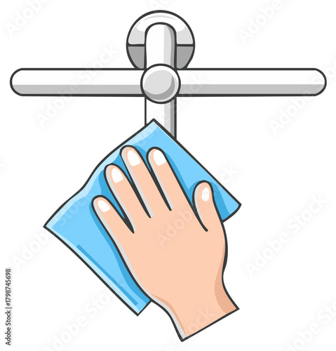 Cartoon hand cleaning a metal handle with a blue cloth vector illustration