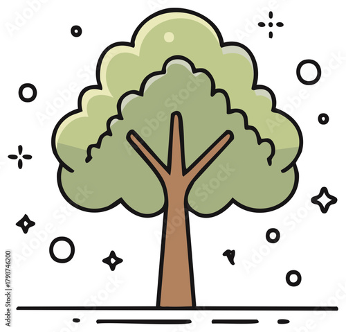 Stylized cartoon tree with fluffy green foliage and brown trunk surrounded by sparkling dots and circles