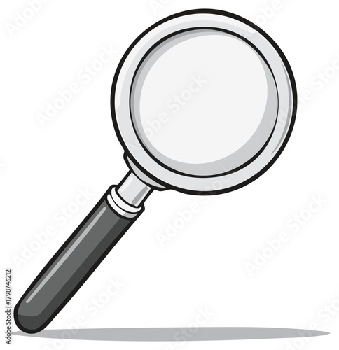 Simple cartoon magnifying glass with a silver frame and black handle angled for viewing