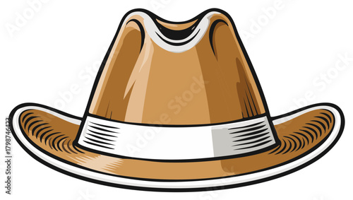 Classic brown cowboy hat with a white band featuring a detailed brim and crown