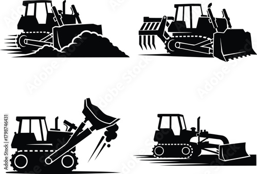 Bulldozer silhouettes set with earthmoving and grading heavy equipment actions