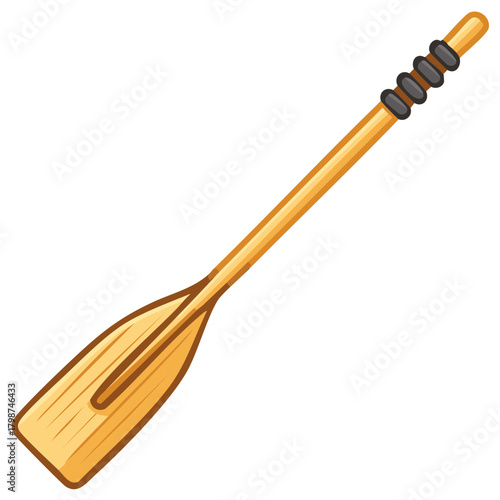 Cartoon illustration of a wooden boat paddle with black handle grips