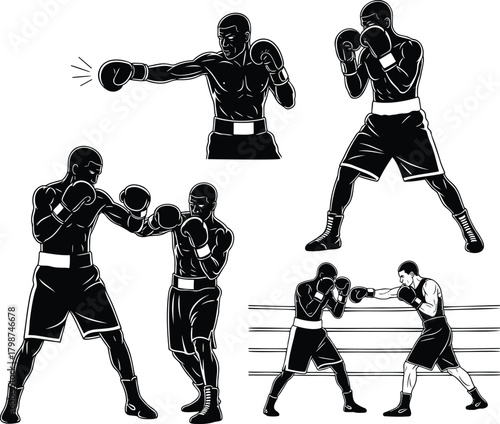 Boxer silhouettes training, jabbing and fighting in boxing ring vector set