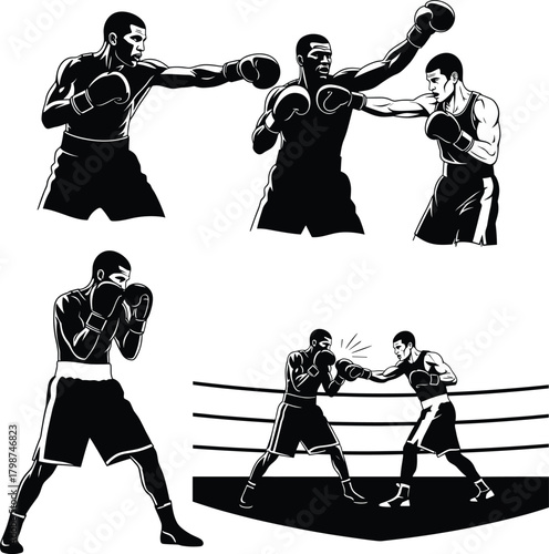 Boxer silhouettes set sparring, punching and fighting in ring illustration
