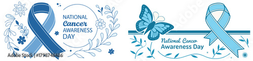 Advocating for Health: Striking illustrations of blue ribbons and a butterfly, serve as powerful symbols of support for National Cancer Awareness Day, conveying a message of hope, resilience.