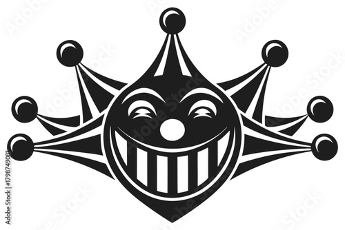 Playful jester head icon with toothy smile and pointy cap vector
